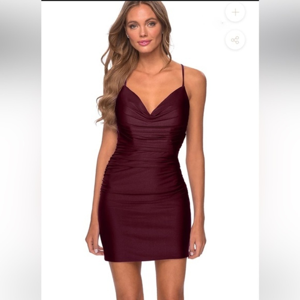 NWT La Femme Cross-Back Front Cowl Sweetheart Neck Mini Dress, Size 4